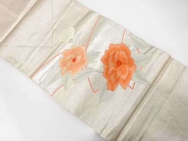 地紙に牡丹模様　刺繍　名古屋帯